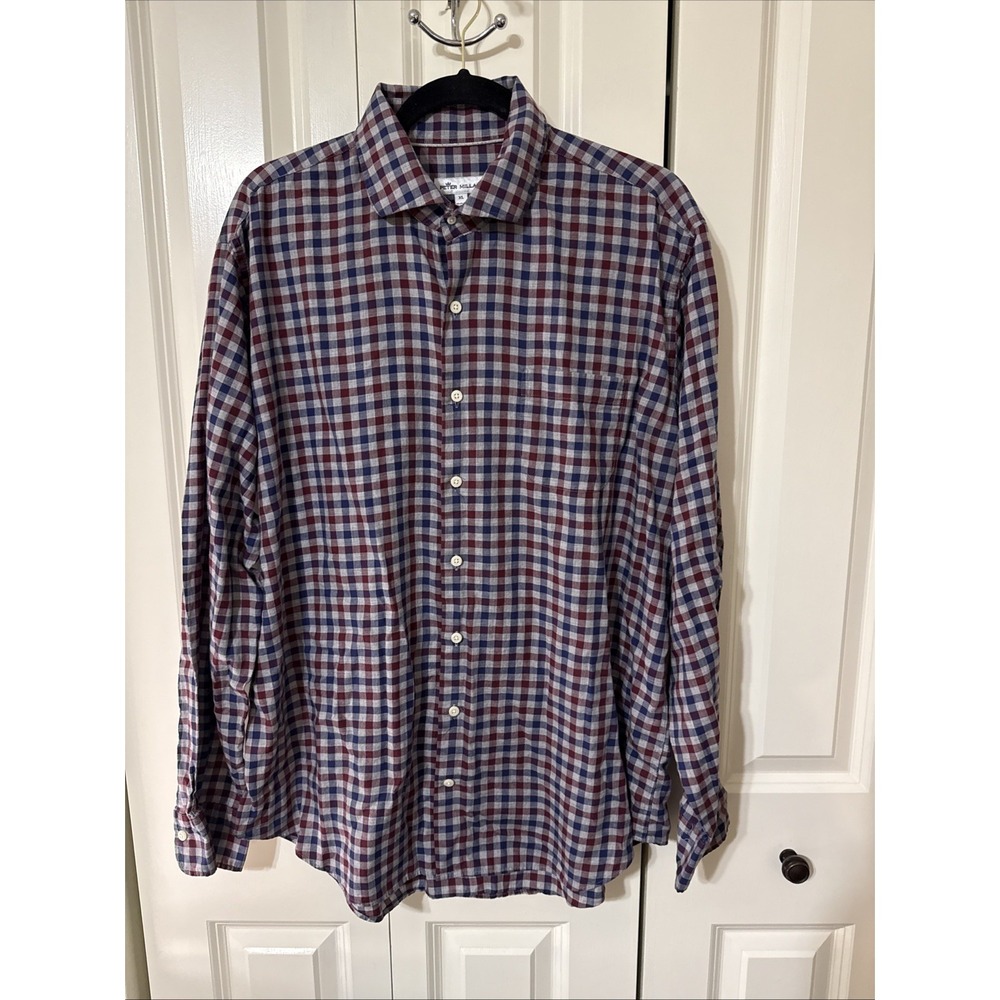 Men's Peter Millar Long Sleeve Button Down Checked Shirt Size XL Classic Rugged